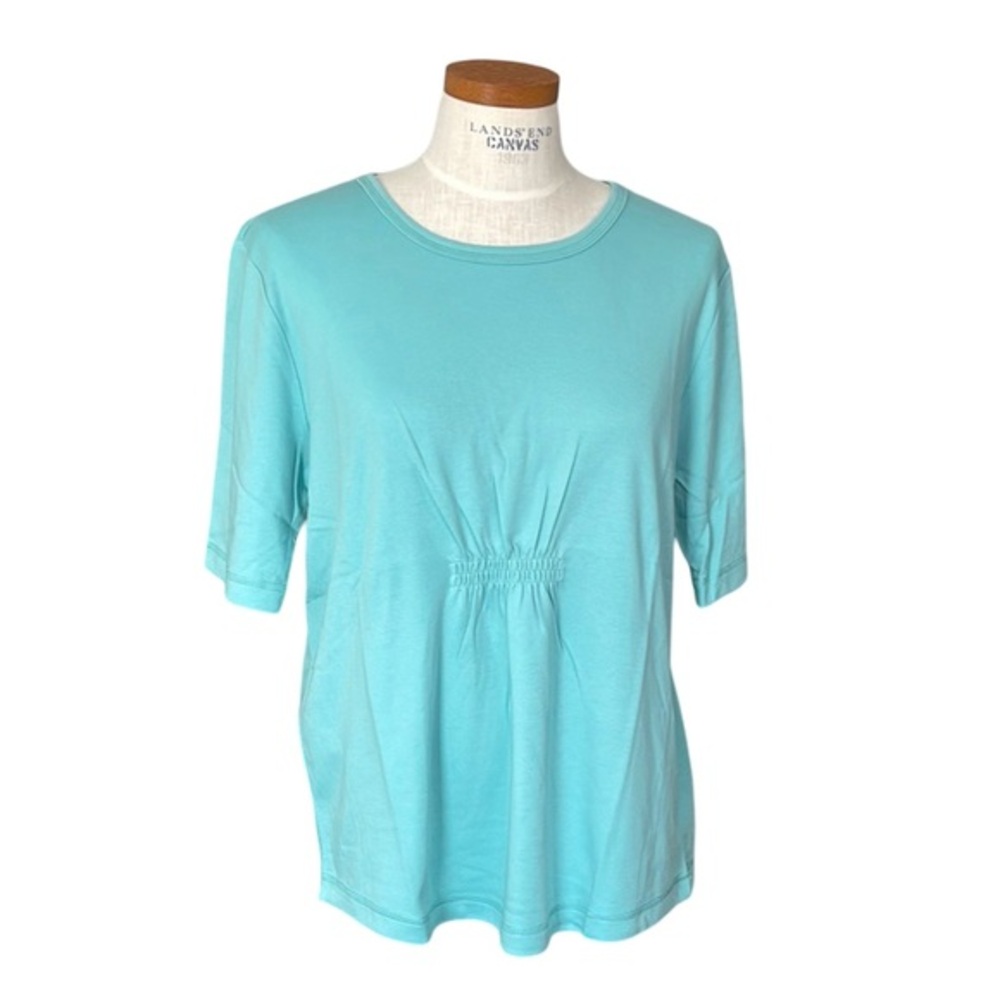 Orvis Short Sleeve Pullover Top 3.5"  Shirred Front Aqua Cotton Blend SzL New